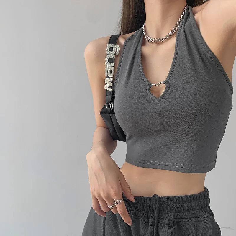 Women V Neck Hearted Hollow Out Halter Camis Tank Tops  Summer Fashion Slim Cropped Lace Up Camisole