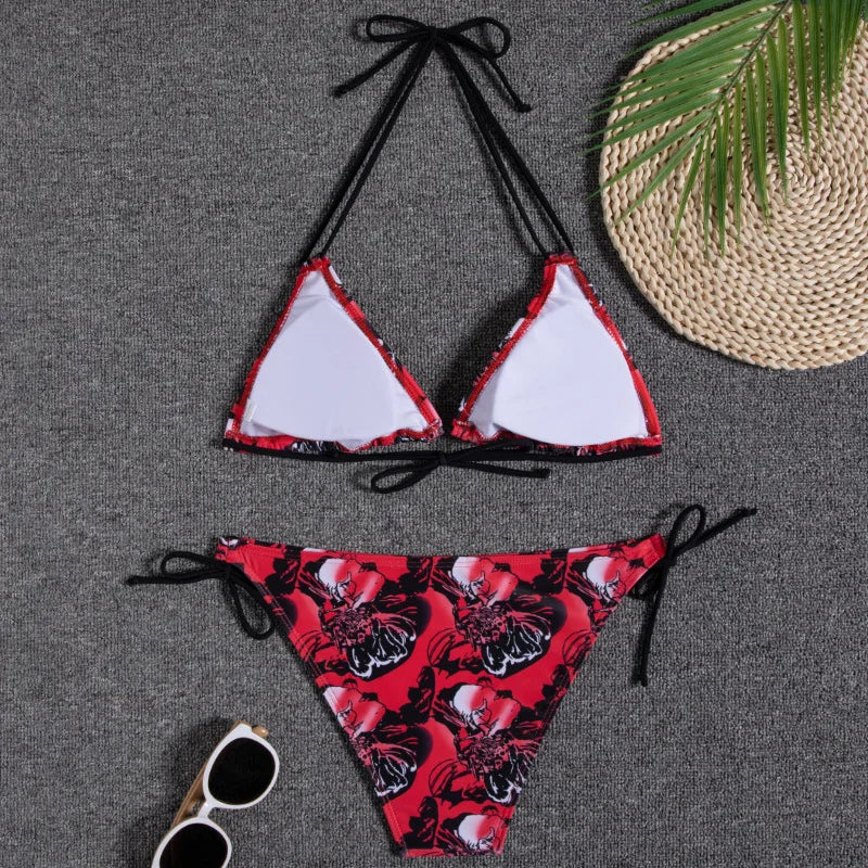 Leaves Print Swimsuit for Women,low Waist Drawstring Bikini,2-piece Swimwear,V-neck Susupender Backless Bathing Suit,beachwear
