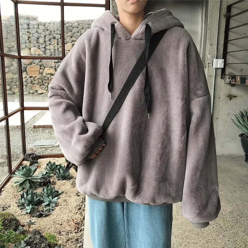 Plus Velvet Hoodies Women Hooded Thicker Furry Cozy Korean Fashion Couples Simple Winter Warm Coats Loose Outwear Slouchy Ins