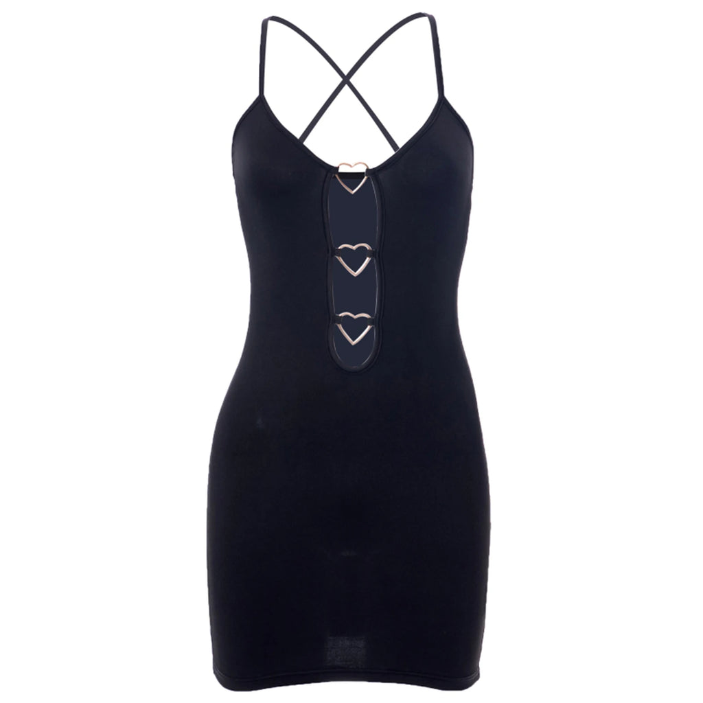 Women Bodycon Dress Party Wear Elegant Spaghetti Strap Mini Dress Metal Ring Cutout Backless Dresses Heart Sleeveless Vestidos
