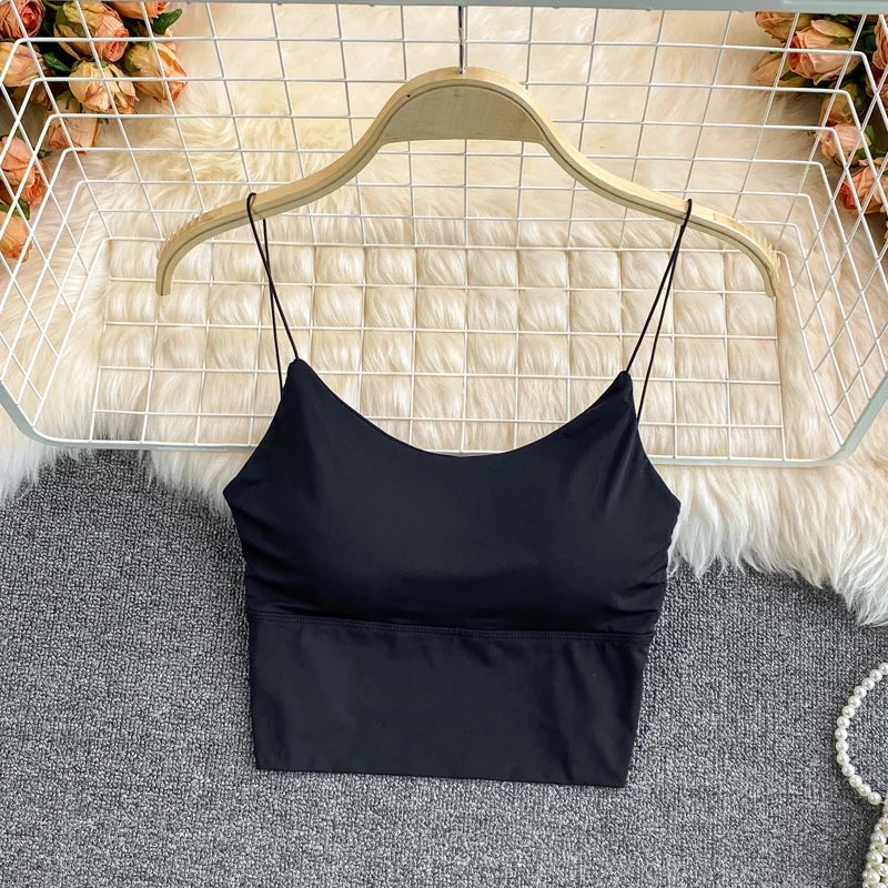 Sexy solid color crop tops sports spaghetti strap tanke top women built in bra off shoulder sleeveless omighty camisole hot