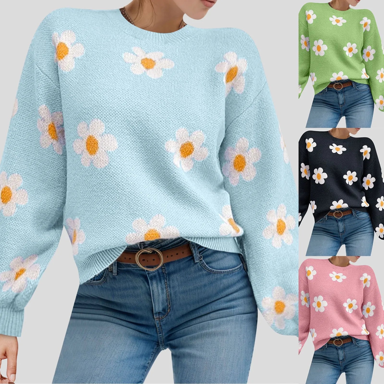 2024 Fall Sweater Women Fashion Round Neck Flower Printed Long Sleeve Ribbed Knitted Pullover Popular Top Autumn Winter Outfits