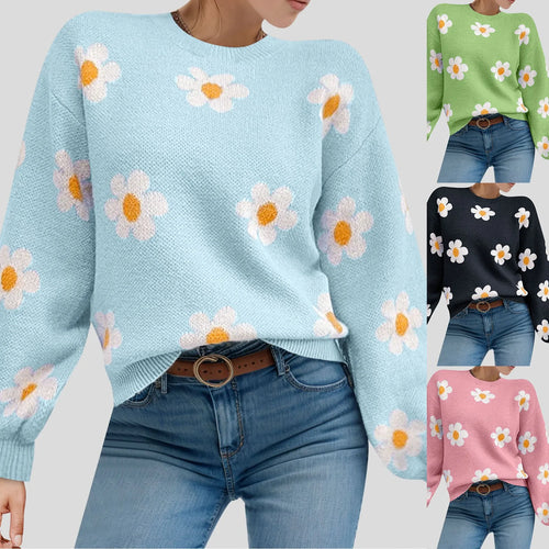 2024 Fall Sweater Women Fashion Round Neck Flower Printed Long Sleeve Ribbed Knitted Pullover Popular Top Autumn Winter Outfits