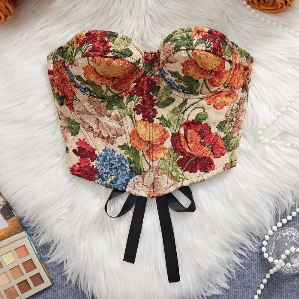 Boned Floral Underwired Corset Off-shoulder Abdominal Shaping Women's Shapewear Multi-Color Jacquard Strapless Corset Top