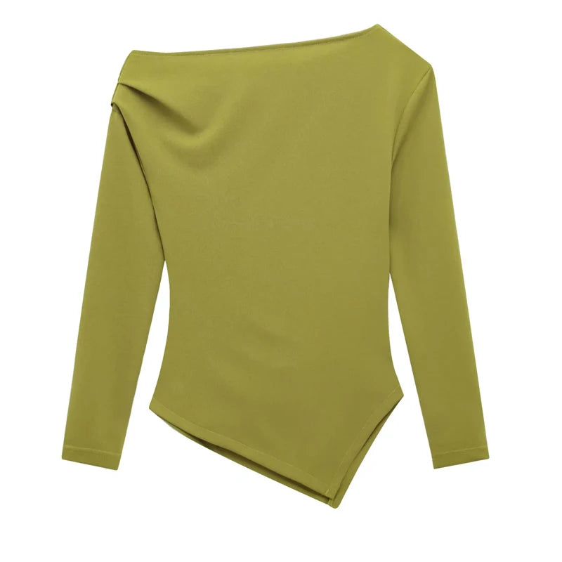 HXAO Womens Tops Off Shoulder Cropped Asymmetrical Top Spring 2025 Woman Ruffled Plain T-Shirts Long Sleeve Top Women's Blouses