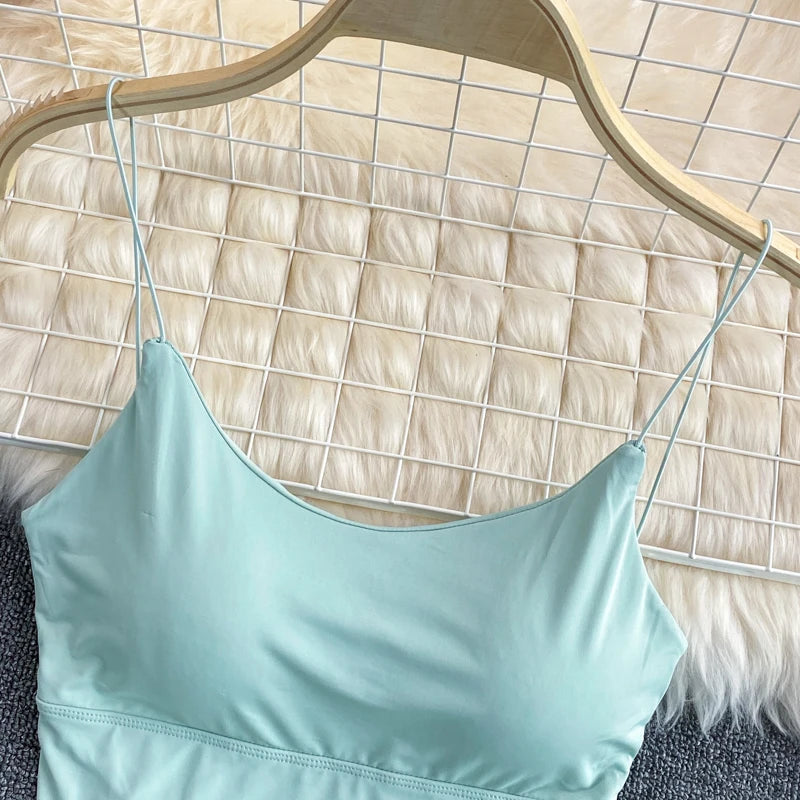 Sexy solid color crop tops sports spaghetti strap tanke top women built in bra off shoulder sleeveless omighty camisole hot