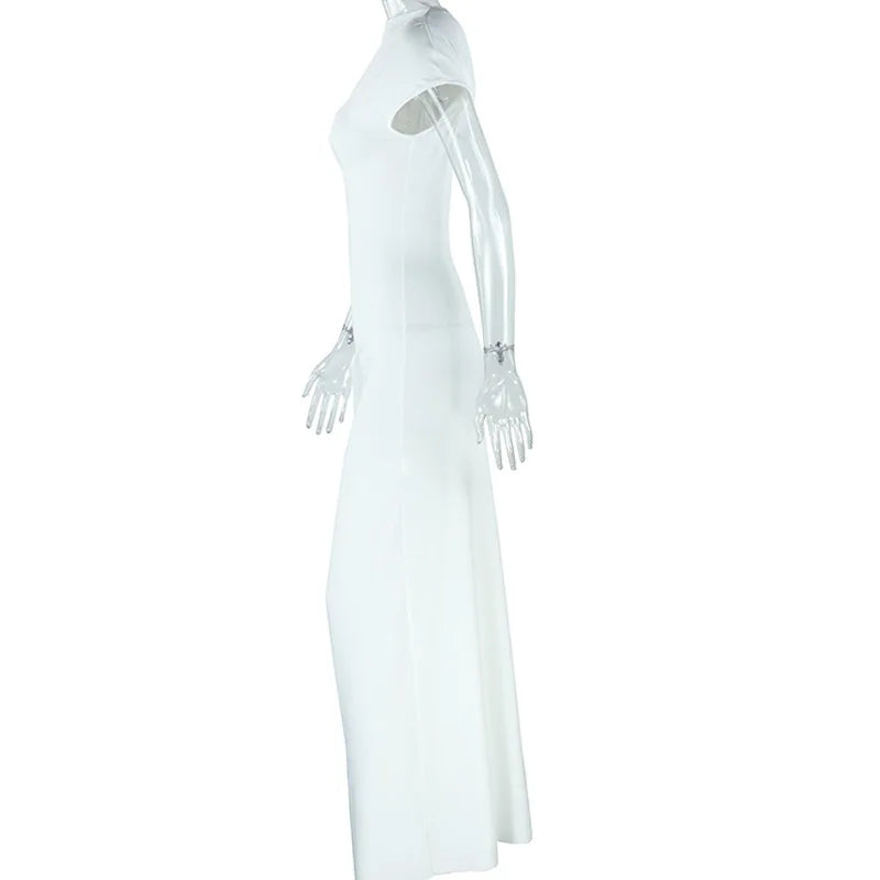 Leosoxs Elegant White Maxi Dresses for Women Irregular Short Sleeve High Split Pleated Bodycon Dress Female Party Evening Robe