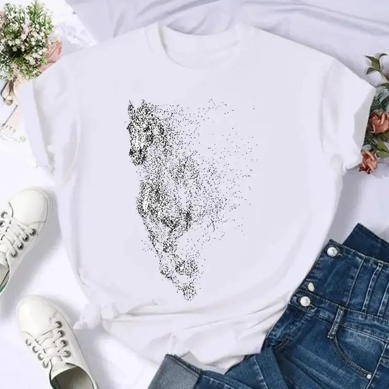 Women's Moon Print Short Sleeve T-Shirt Casual Cartoon Print Retro T-Shirt Graphic T Shirts Women Clothing Summer Streetwear Y2K