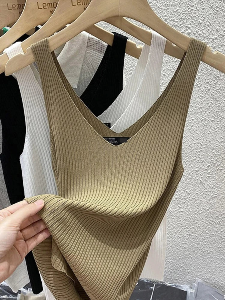 Zjaiss 2026 Summer Fashion Women Camisole Ice Silk Knit Tank Top Slim Fit Sleeveless Base Top Solid Color V-Neck Crop Top