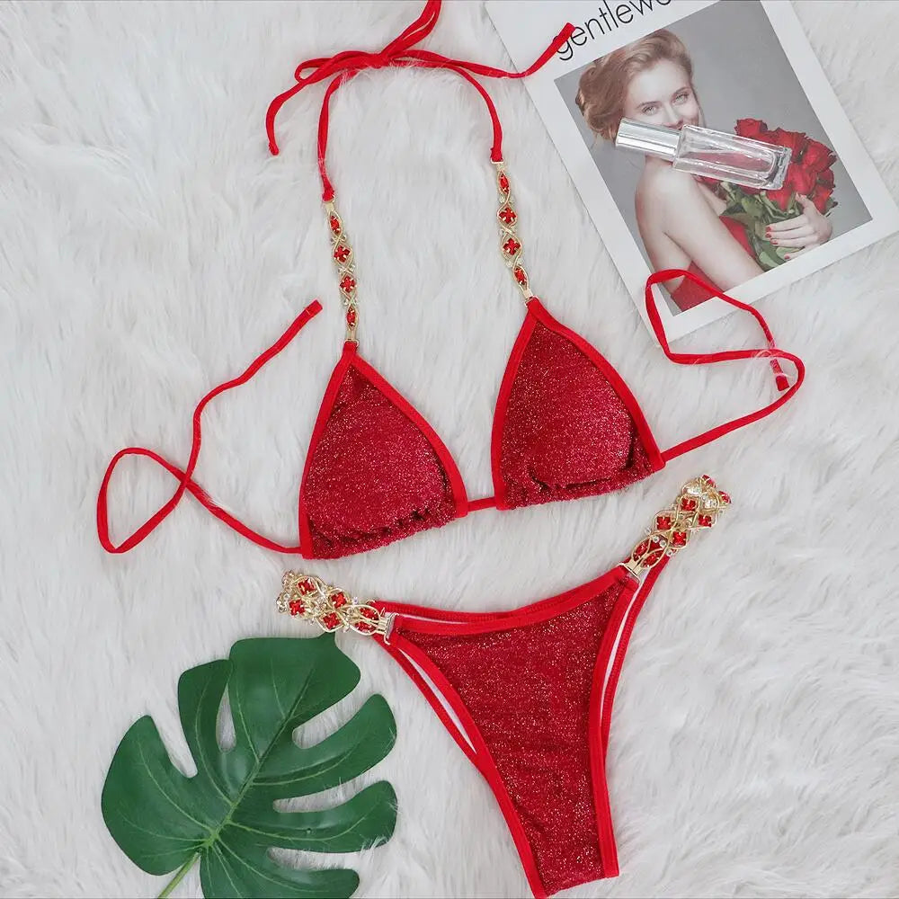 Sexy Bikinis Swimsuits Woman 2025 Luxury Rhinestones Push Up Diamond Thong Swimwear Shiny Gold Beach Bathing Suit Bikini Set