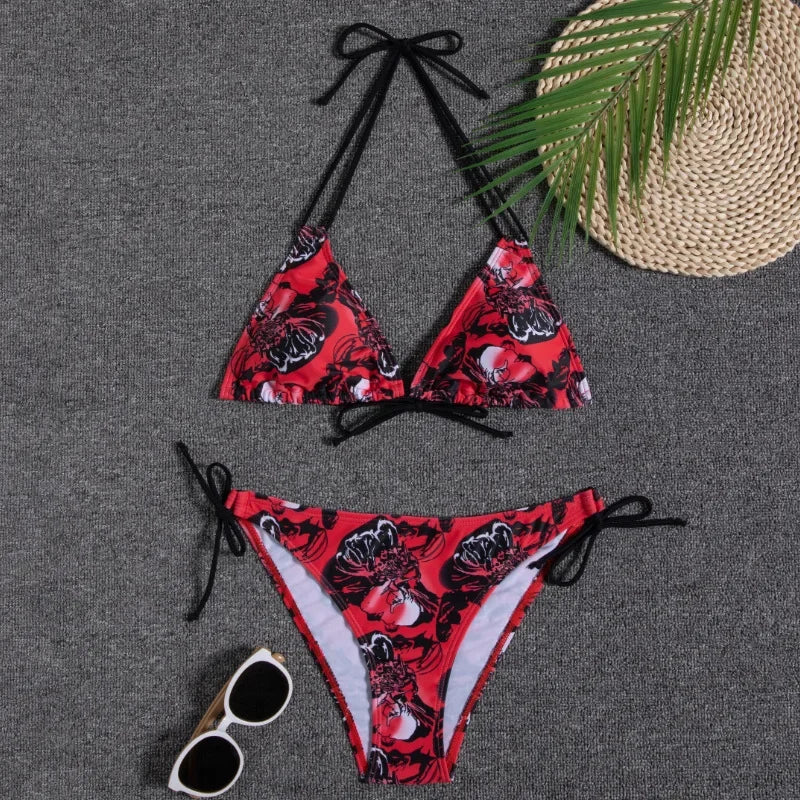 Leaves Print Swimsuit for Women,low Waist Drawstring Bikini,2-piece Swimwear,V-neck Susupender Backless Bathing Suit,beachwear