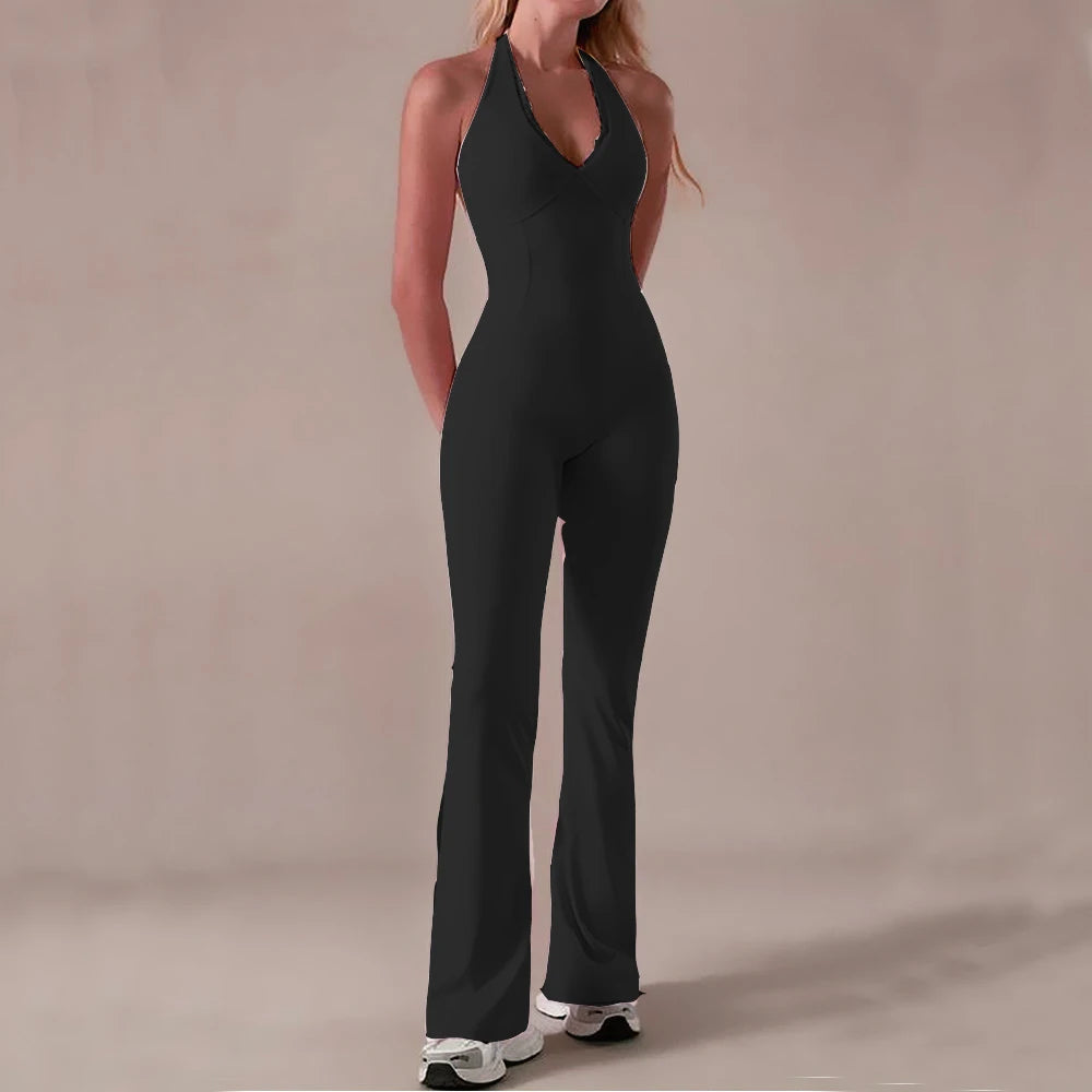 Halter Lace Bodysuit Women Yoga Set Tracksuits Fitness Sports Jumpsuit One-piece Suit Flared Pant Dry Workout Clothes XP11