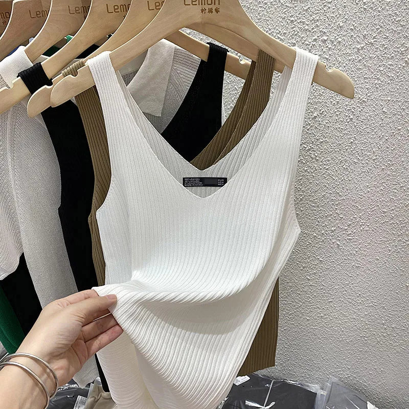 Zjaiss 2026 Summer Fashion Women Camisole Ice Silk Knit Tank Top Slim Fit Sleeveless Base Top Solid Color V-Neck Crop Top