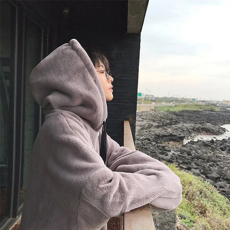 Plus Velvet Hoodies Women Hooded Thicker Furry Cozy Korean Fashion Couples Simple Winter Warm Coats Loose Outwear Slouchy Ins