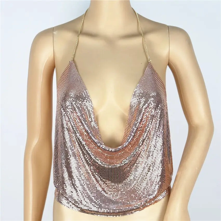 Sexy Halter Tank Tops Shining Metal Sequins Backless Low-Cut Tank Camisole For Women