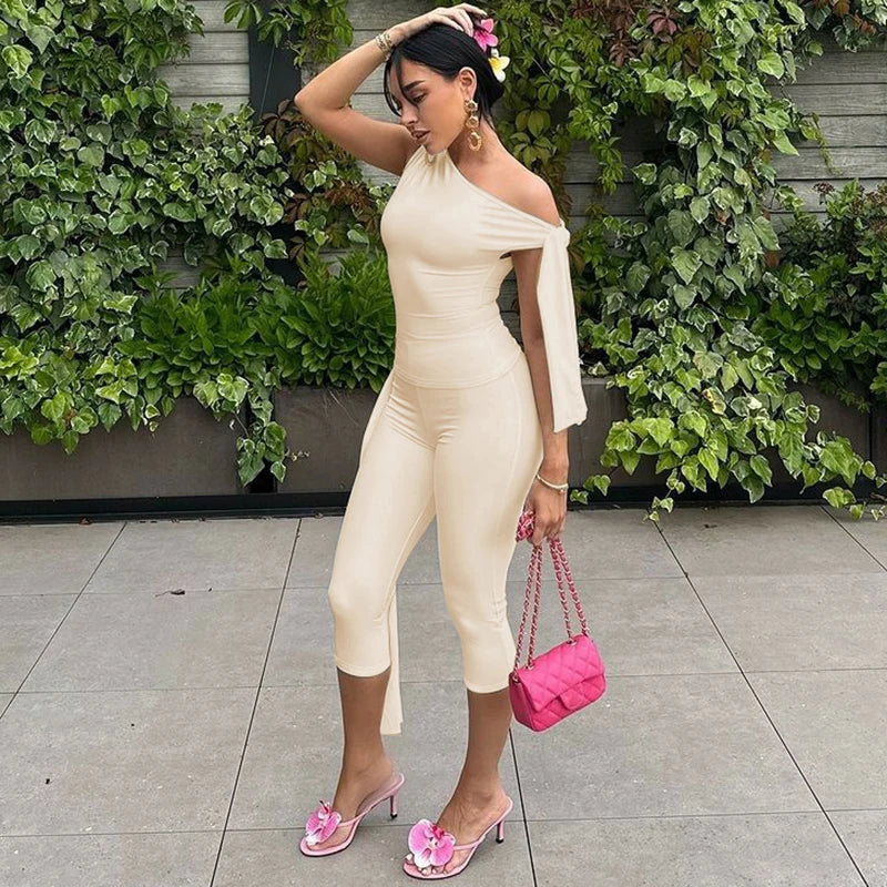 Hugcitar Fashion 2 Pcs Sets Solid One Shoulder Sleeveless Draped Sexy Top Knee Length Pants Women Y2K Outfits Festival Party