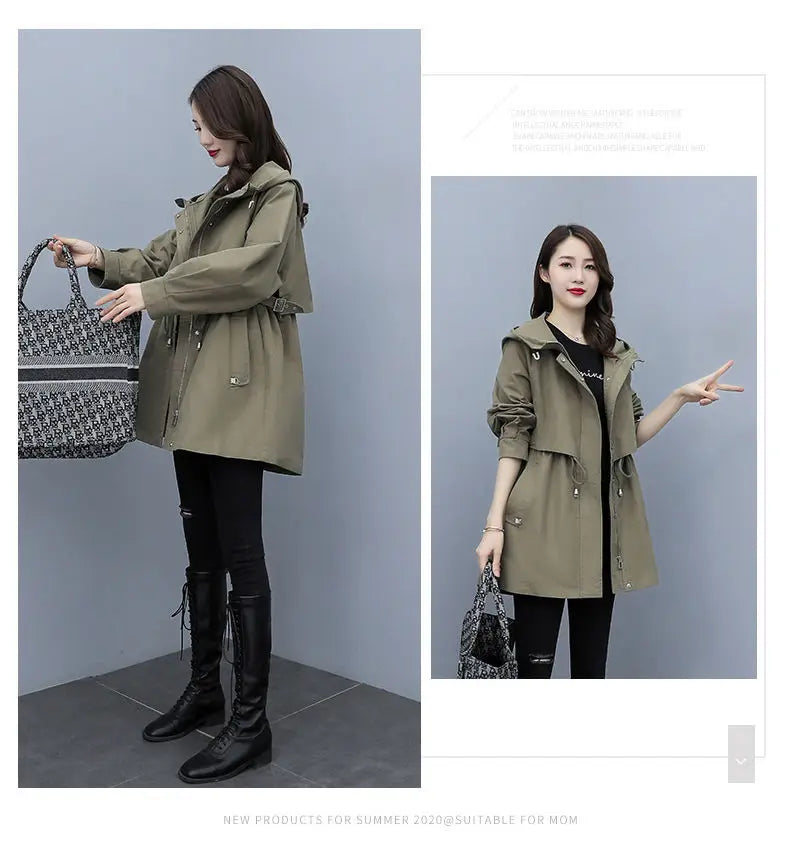 Spring and Autumn 2023 Women's Mid-length Trench Coat Hooded Zipper Tie-in Jackets British Style Loose Coats Women's Clothing