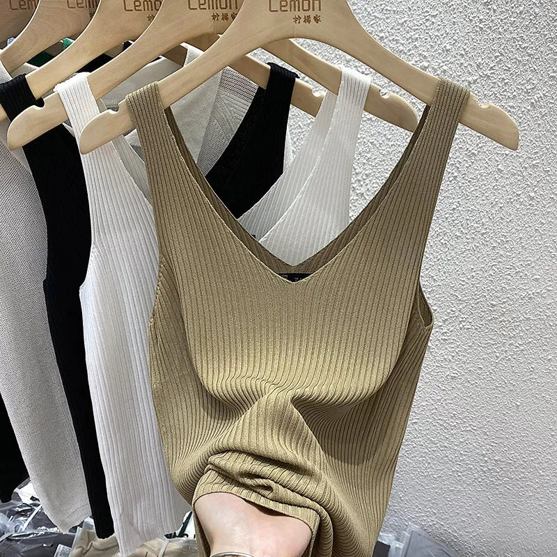 Zjaiss 2026 Summer Fashion Women Camisole Ice Silk Knit Tank Top Slim Fit Sleeveless Base Top Solid Color V-Neck Crop Top