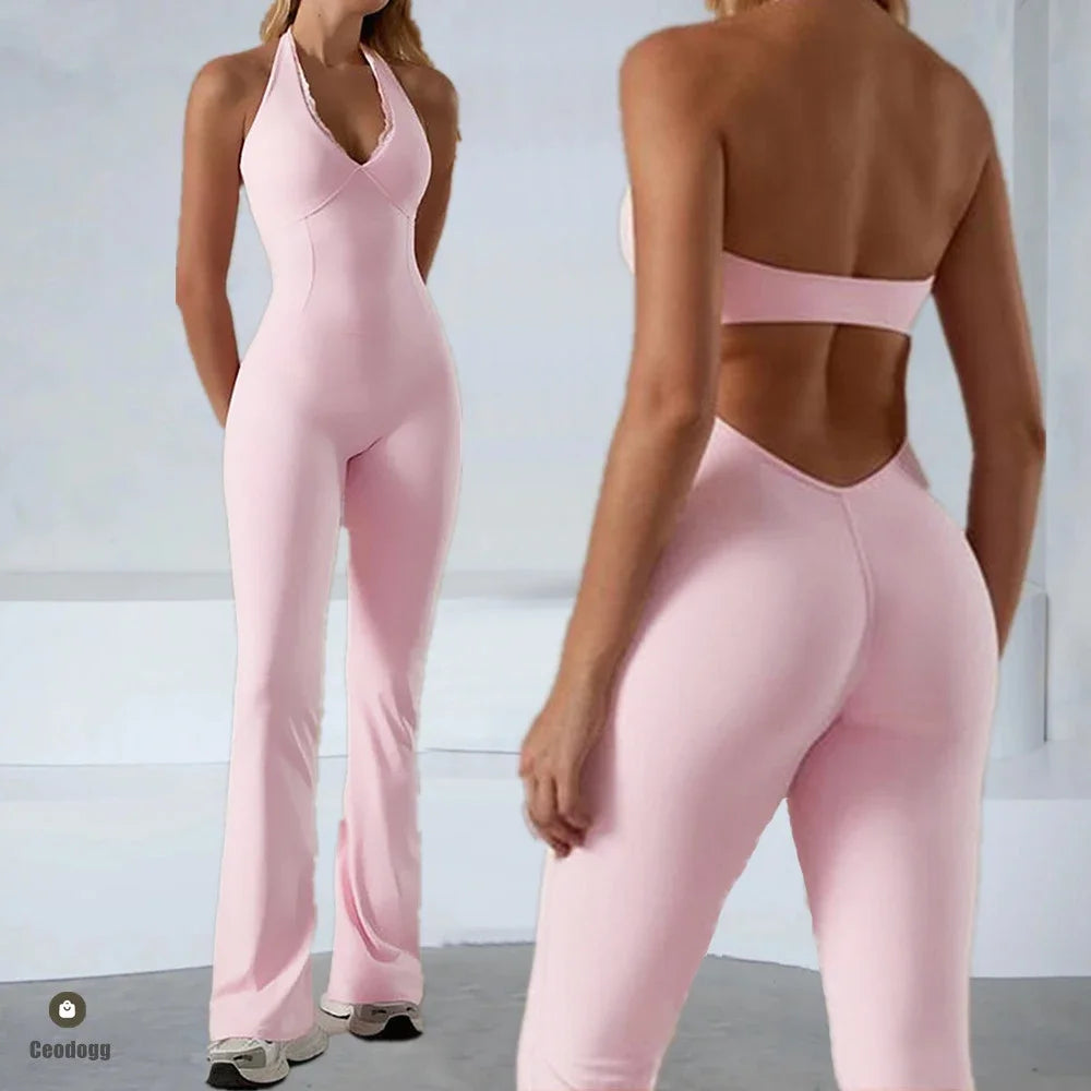 Halter Lace Bodysuit Women Yoga Set Tracksuits Fitness Sports Jumpsuit One-piece Suit Flared Pant Dry Workout Clothes XP11