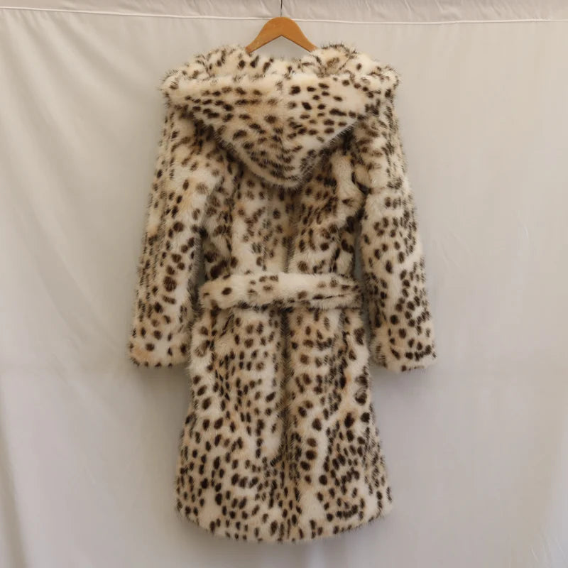 Women's leopard print faux fur coat fox fur long coat Wool hooded warm winter mink trench coat