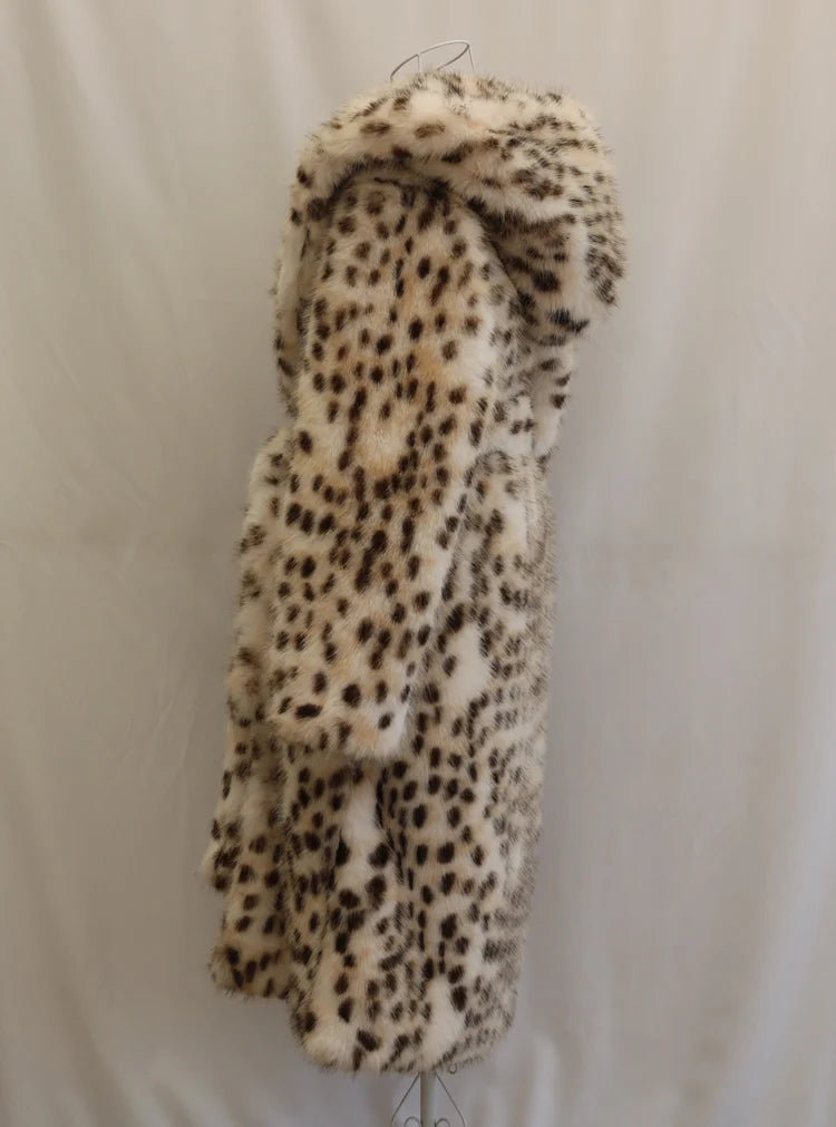 Women's leopard print faux fur coat fox fur long coat Wool hooded warm winter mink trench coat