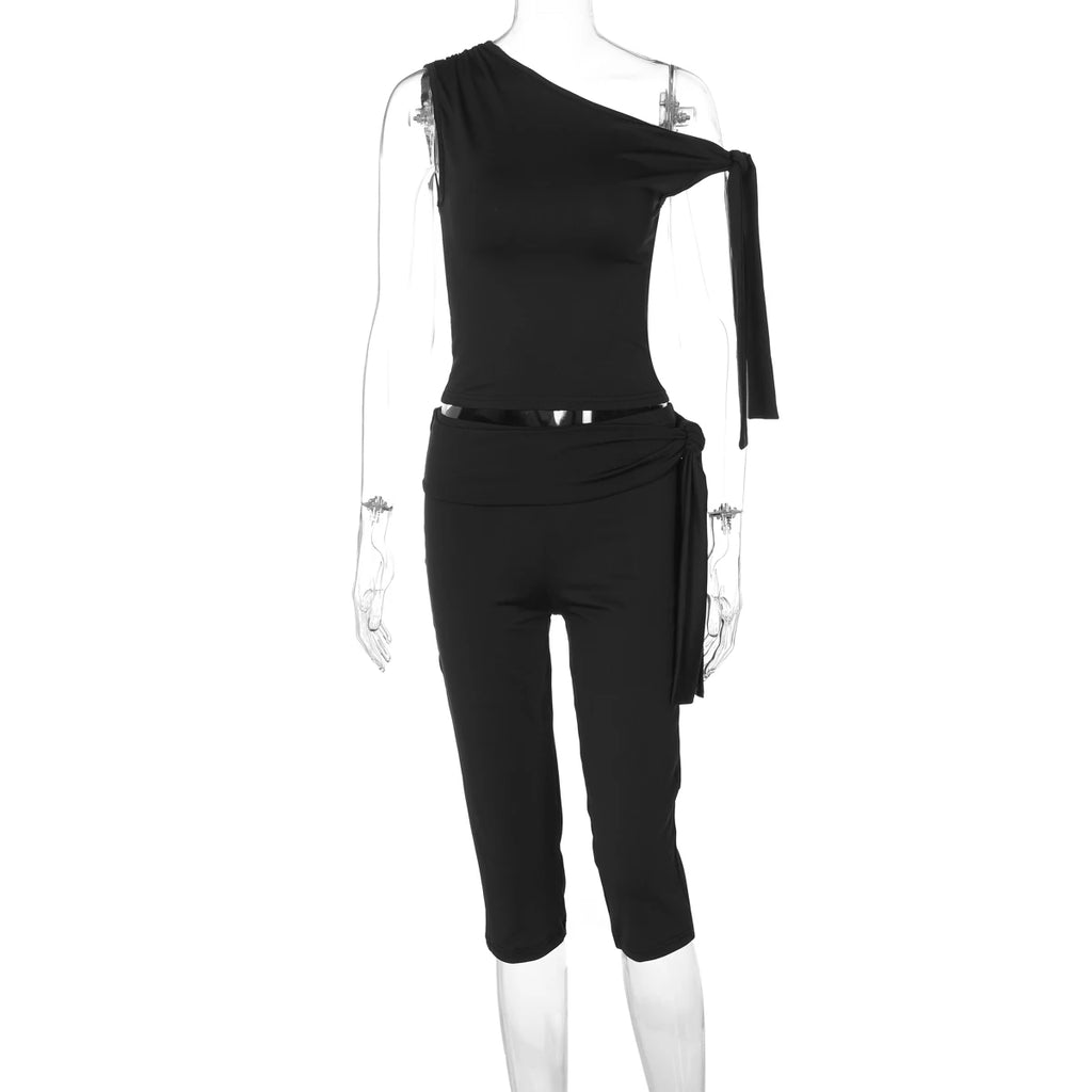Hugcitar Fashion 2 Pcs Sets Solid One Shoulder Sleeveless Draped Sexy Top Knee Length Pants Women Y2K Outfits Festival Party