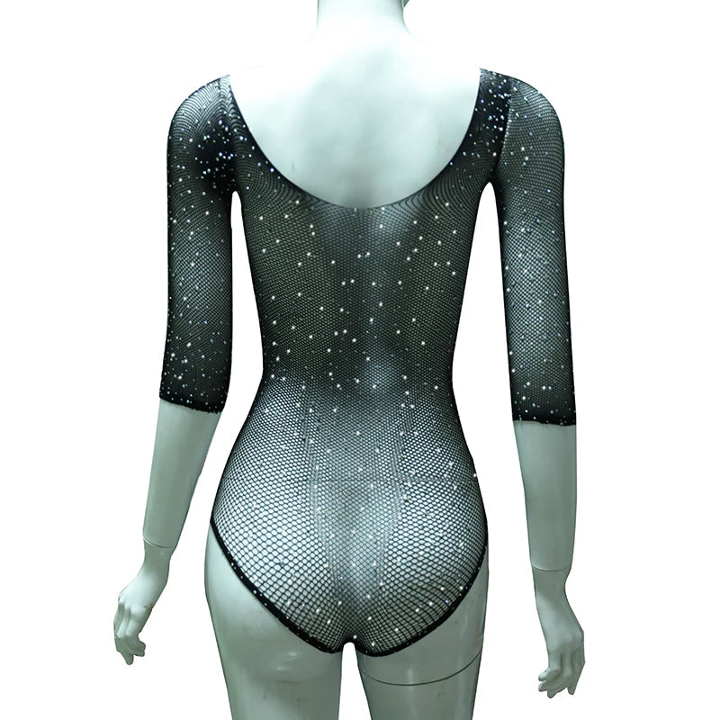 Hot Sexy Lingerie Women Crystal Diamonds Bodysuit Off Shoulder O Neck Y2k Tops Teddy Body Suits Long Sleeve Mesh Slim Bodysuits