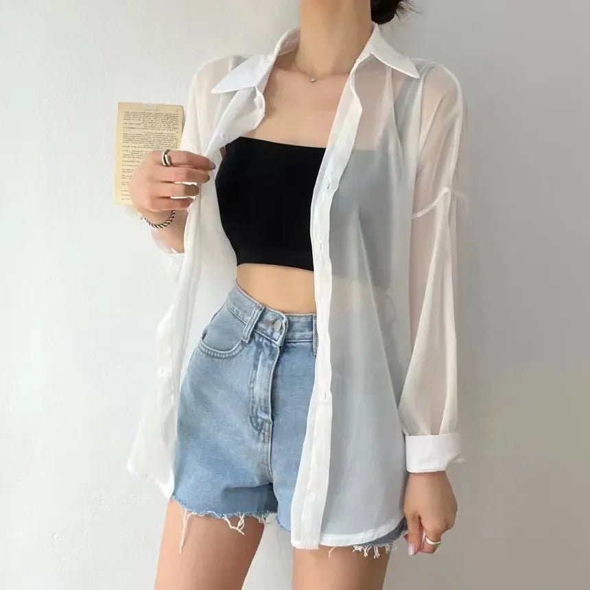 2025 Colors Shirts Women Sheer Thin Chic Summer Simple Solid Sun-proof Temper Fashion Baggy All-match Basic Korean Style Clothes