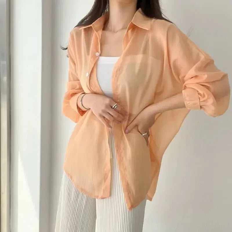 2025 Colors Shirts Women Sheer Thin Chic Summer Simple Solid Sun-proof Temper Fashion Baggy All-match Basic Korean Style Clothes