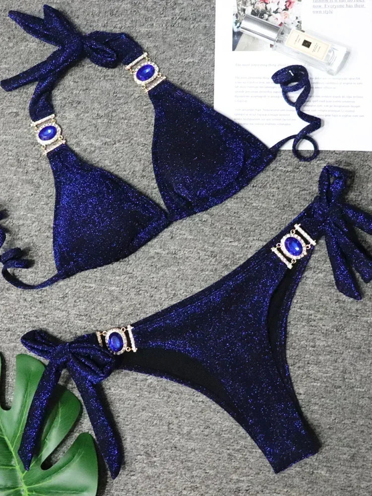 2025 Rhinestone Swimsuit Women Bikinis Crystal Diamond Bikini Set Metal Chain Swimwear female Luxury Aristocratic Swimming Suit