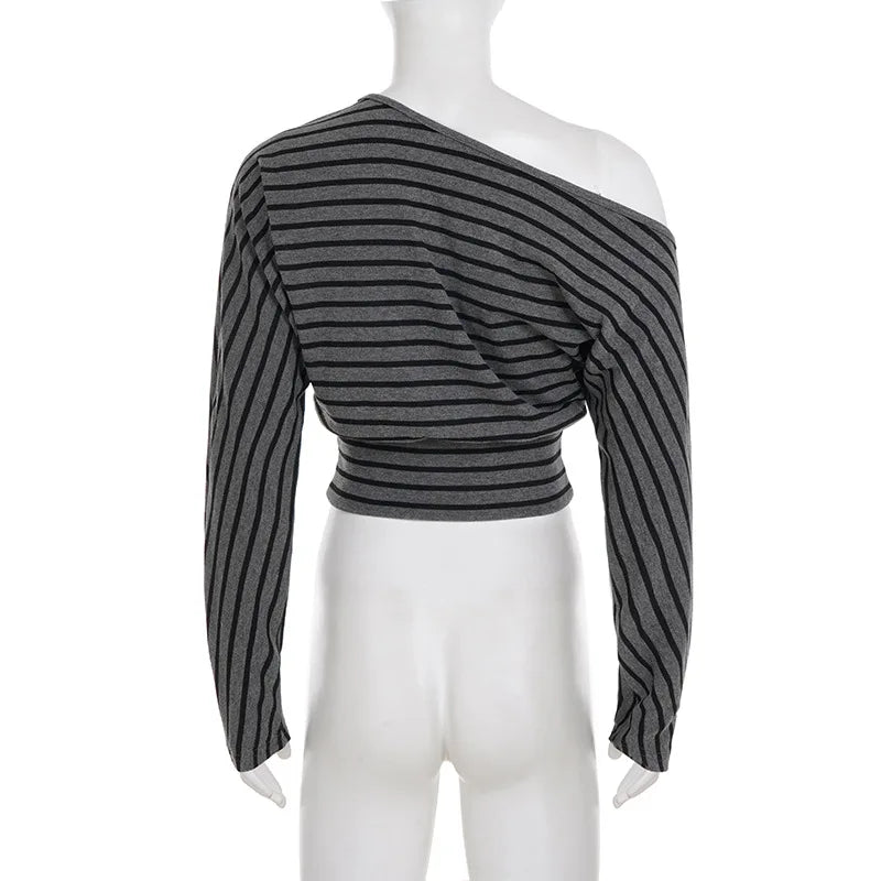 Korean Tees Striped Women Tshirts Long Sleeve Loose Camisetas 2025 Ropa Mujer Sexy Y2k Tops Off Shoulder Fashion Summer T-shirt