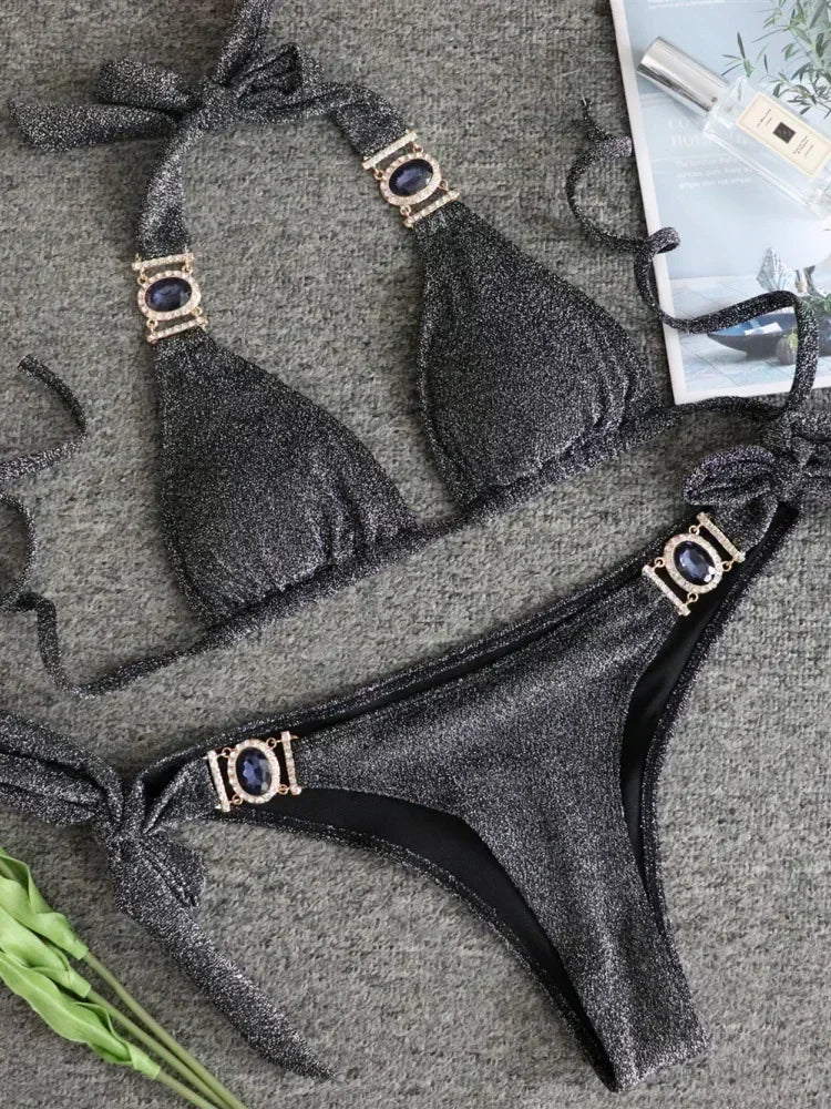 2025 Rhinestone Swimsuit Women Bikinis Crystal Diamond Bikini Set Metal Chain Swimwear female Luxury Aristocratic Swimming Suit