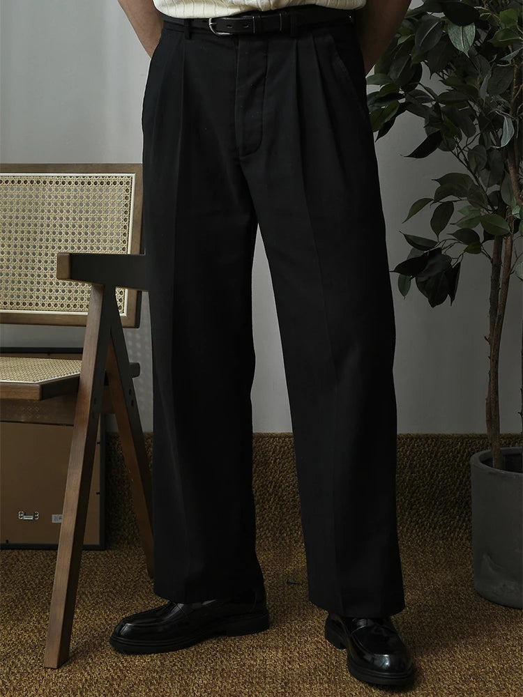 2025 Spring Trendy Mens Trousers Solid Color Pleated Loose Straight Pants Men Leisure Breathable Suit Trousers Men's Clothing