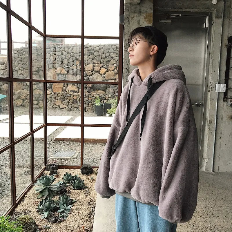 Plus Velvet Hoodies Women Hooded Thicker Furry Cozy Korean Fashion Couples Simple Winter Warm Coats Loose Outwear Slouchy Ins