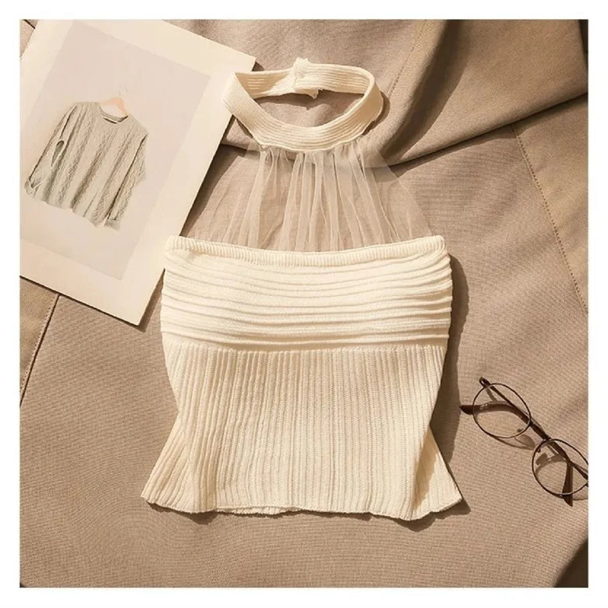 Women Tank Top Mesh Halter Neck Knitted Short Vest Korean Fashion Style Pure Hot Gilr Sexy Knit Girl Pullover Clothing