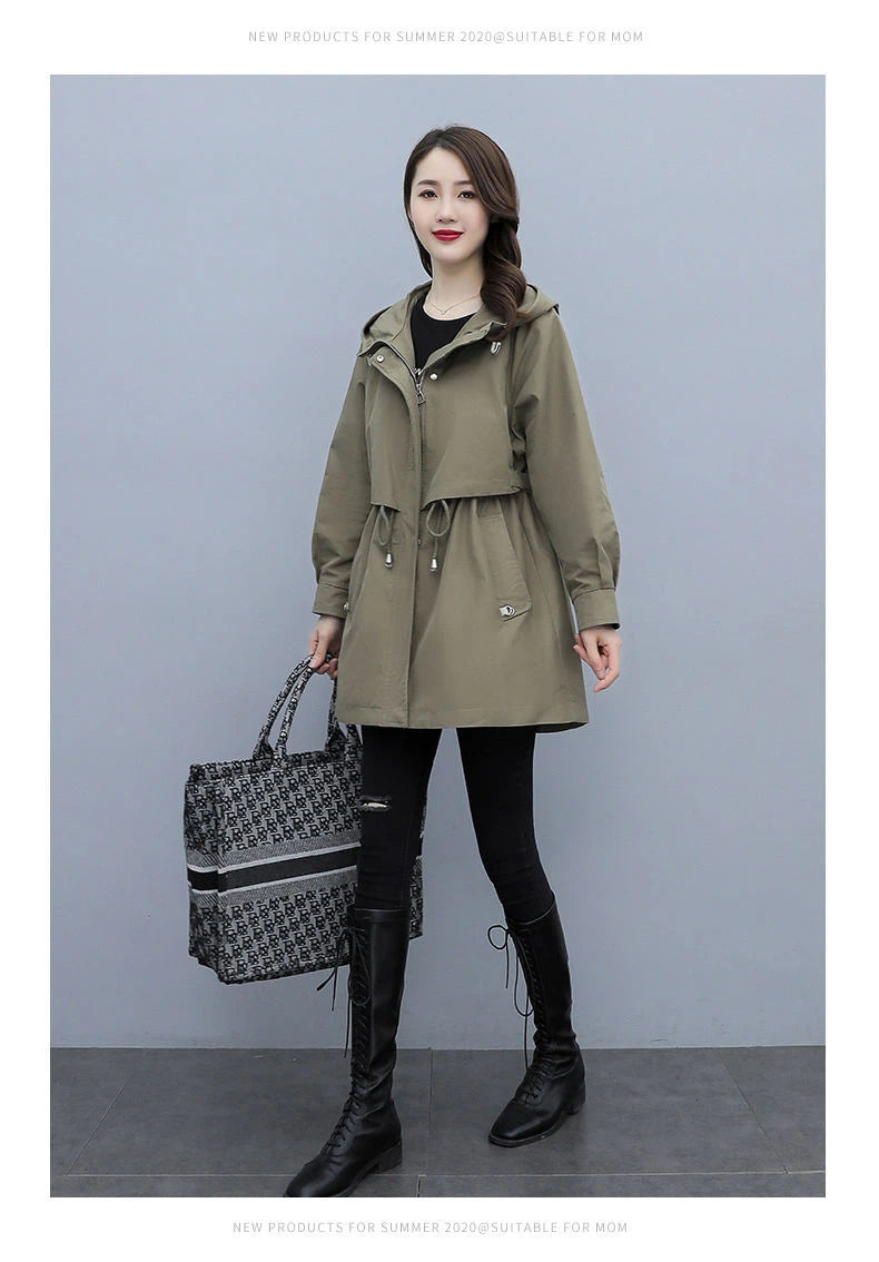 Spring and Autumn 2023 Women's Mid-length Trench Coat Hooded Zipper Tie-in Jackets British Style Loose Coats Women's Clothing
