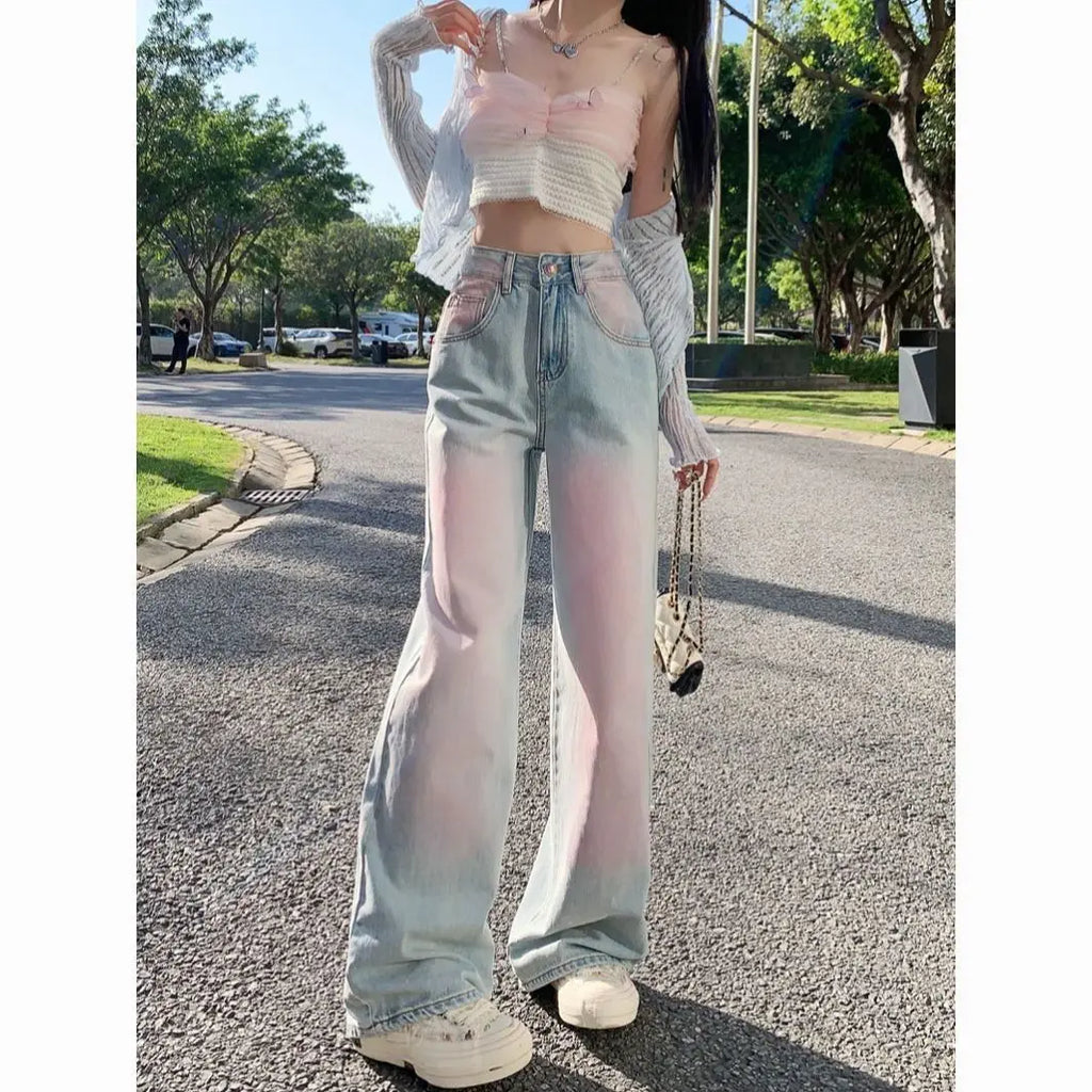 Powder Blusher Gradual Wash Wide Leg Soft Jeans Women's Thin High Waist Loose Slim Large Straight Floor Pants