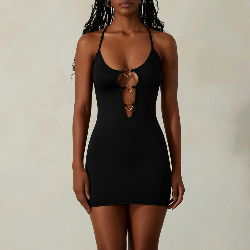 Women Bodycon Dress Party Wear Elegant Spaghetti Strap Mini Dress Metal Ring Cutout Backless Dresses Heart Sleeveless Vestidos