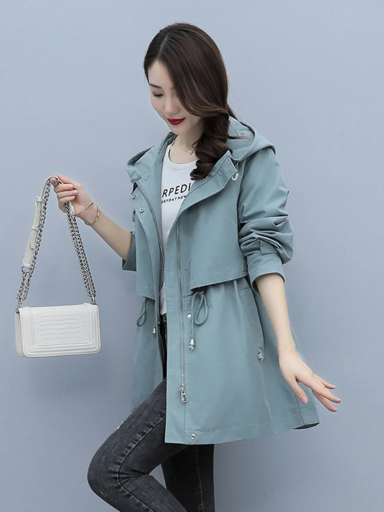 Spring and Autumn 2023 Women's Mid-length Trench Coat Hooded Zipper Tie-in Jackets British Style Loose Coats Women's Clothing