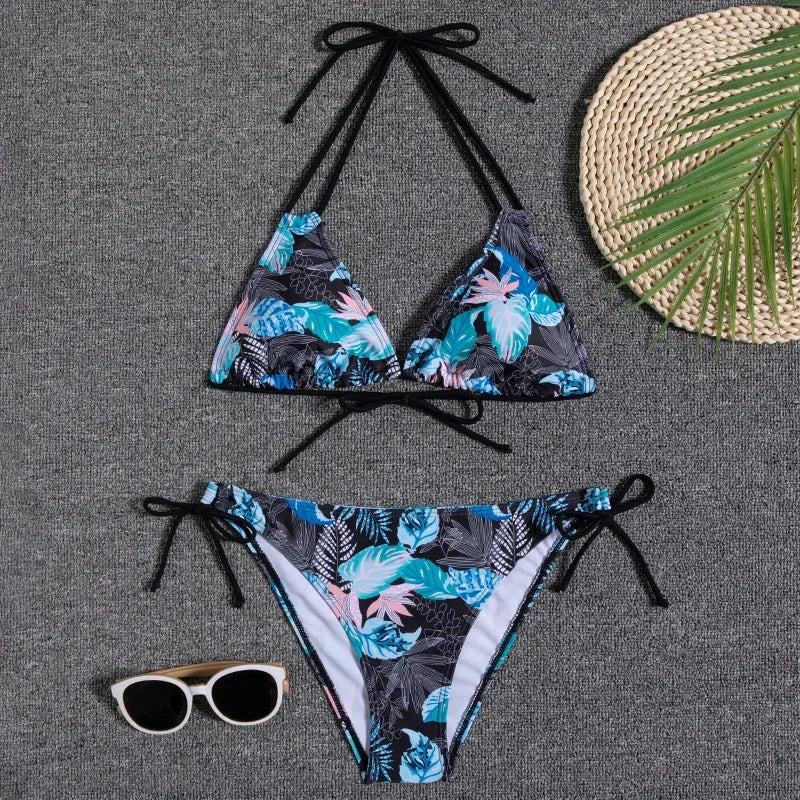 Leaves Print Swimsuit for Women,low Waist Drawstring Bikini,2-piece Swimwear,V-neck Susupender Backless Bathing Suit,beachwear