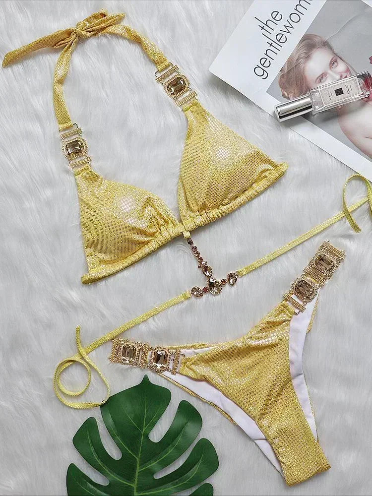 2025 Rhinestone Swimsuit Women Bikinis Crystal Diamond Bikini Set Metal Chain Swimwear female Luxury Aristocratic Swimming Suit
