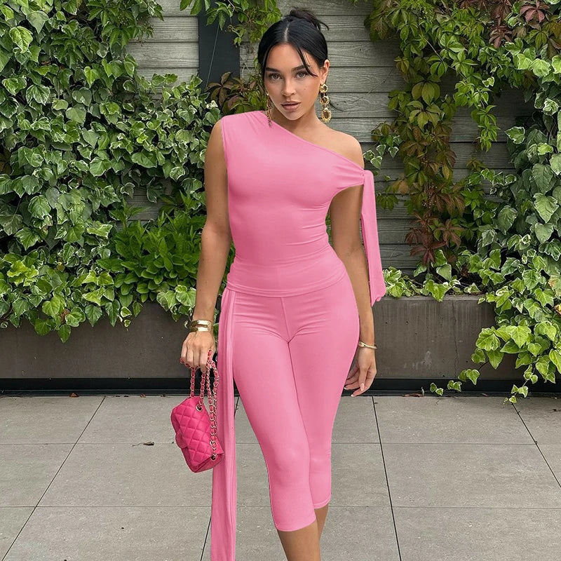Hugcitar Fashion 2 Pcs Sets Solid One Shoulder Sleeveless Draped Sexy Top Knee Length Pants Women Y2K Outfits Festival Party