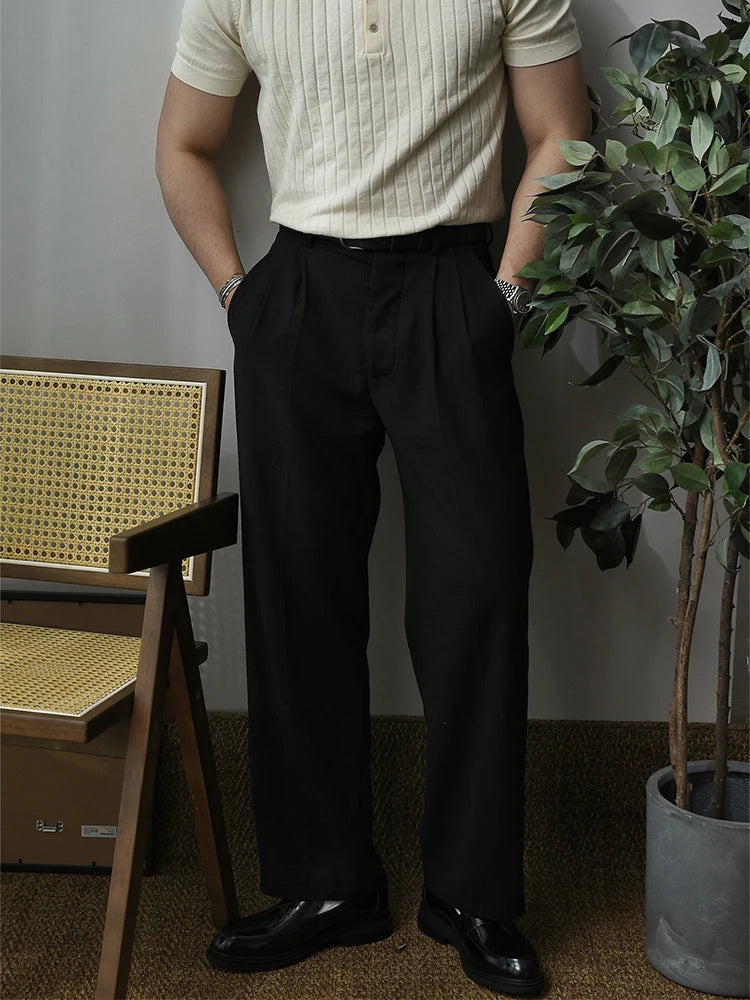 2025 Spring Trendy Mens Trousers Solid Color Pleated Loose Straight Pants Men Leisure Breathable Suit Trousers Men's Clothing