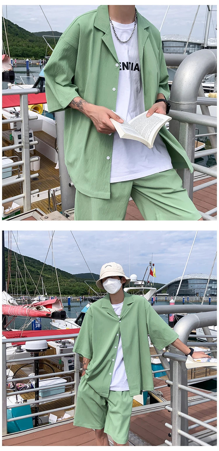 Summer Two-Piece Men's Sets Shirt and Shorts Casual Outfits Oversized Short Suit Plain Clothes Clean Fit Black White Green