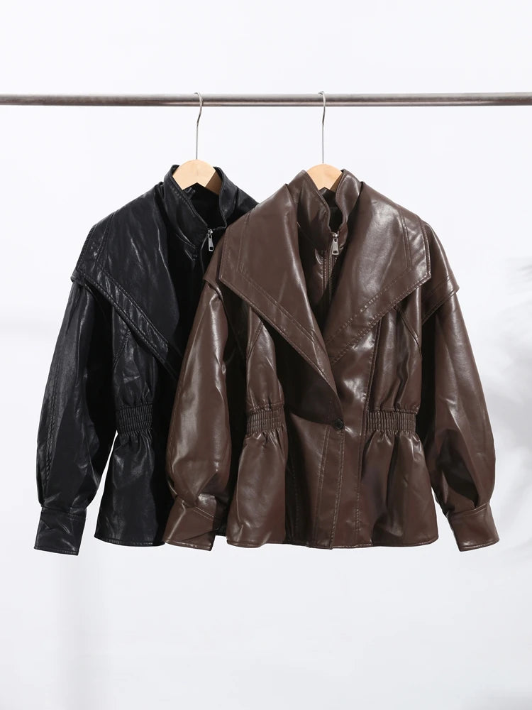 Fashion Brown Slim Waist Leather Jacket Women Loose Lapel Long Sleeve One Button Zipper Jackets 2026 Spring Street Lady Outwear
