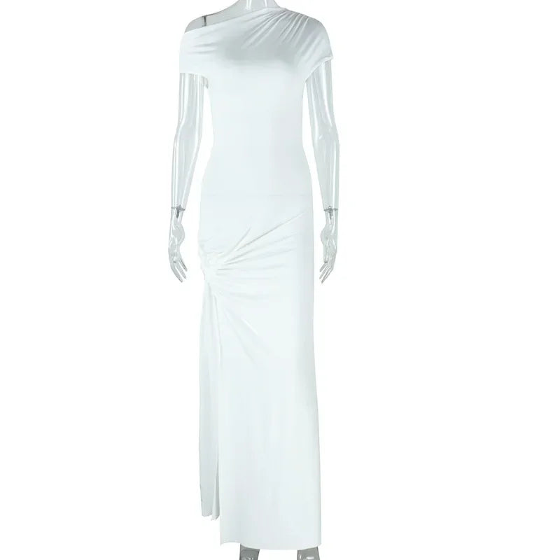 Leosoxs Elegant White Maxi Dresses for Women Irregular Short Sleeve High Split Pleated Bodycon Dress Female Party Evening Robe