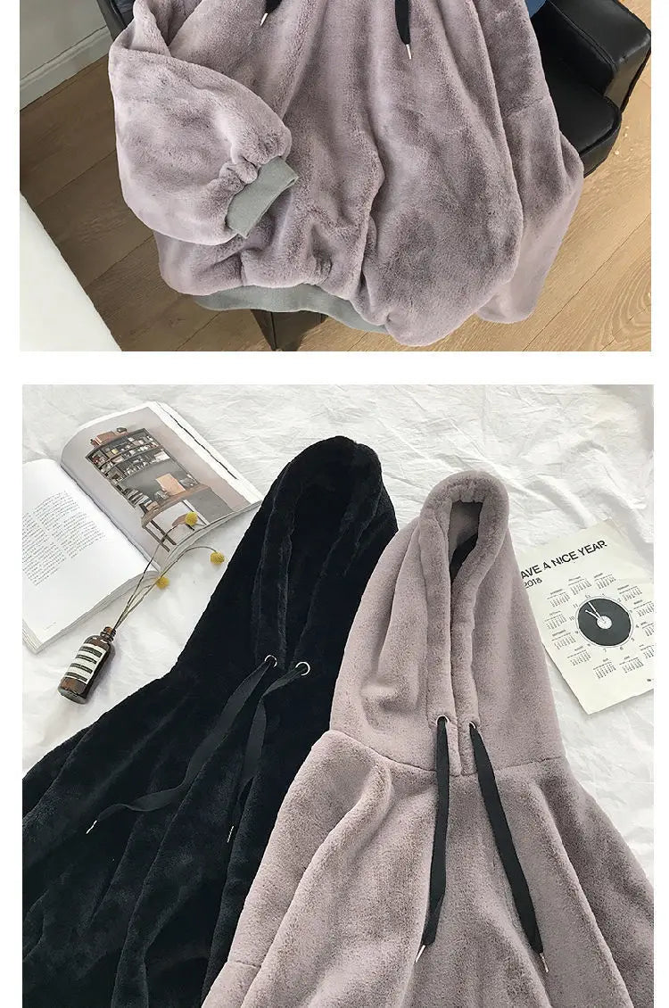 Plus Velvet Hoodies Women Hooded Thicker Furry Cozy Korean Fashion Couples Simple Winter Warm Coats Loose Outwear Slouchy Ins
