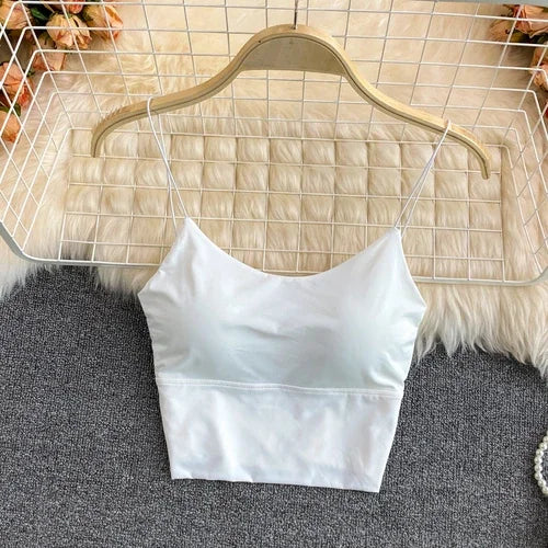 Sexy solid color crop tops sports spaghetti strap tanke top women built in bra off shoulder sleeveless omighty camisole hot