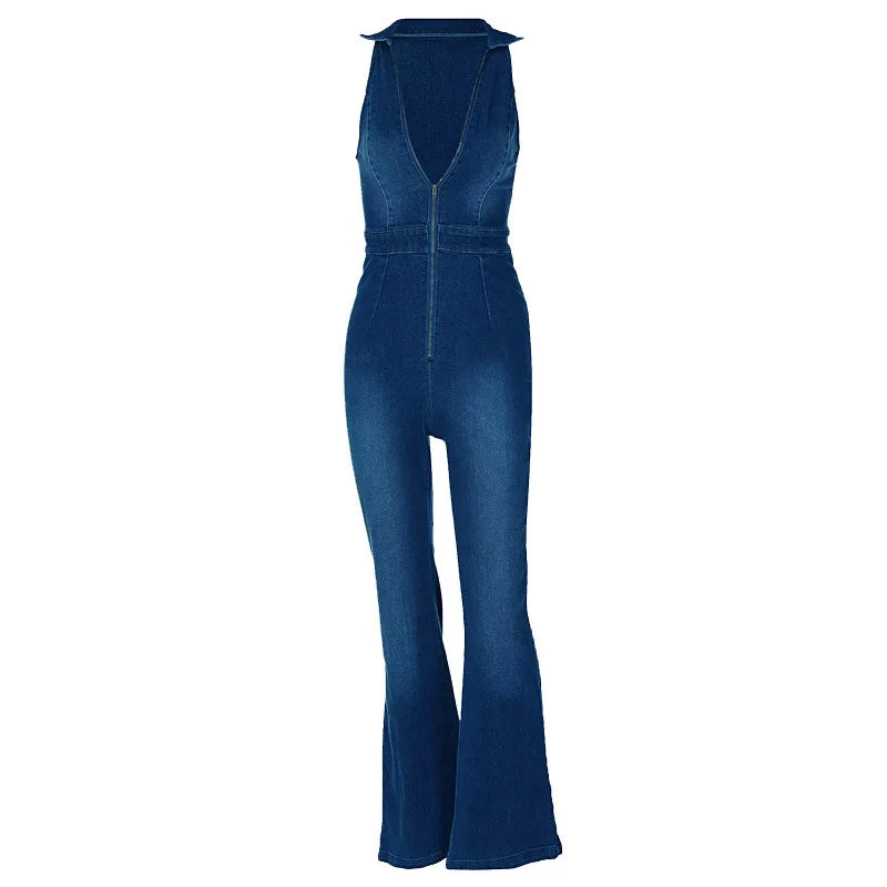 Hugcitar Denim Jumpsuit V Neck Zipper Bell Sleeveless Sexy Outifts Elegant Backpacker  Party Summer 2023