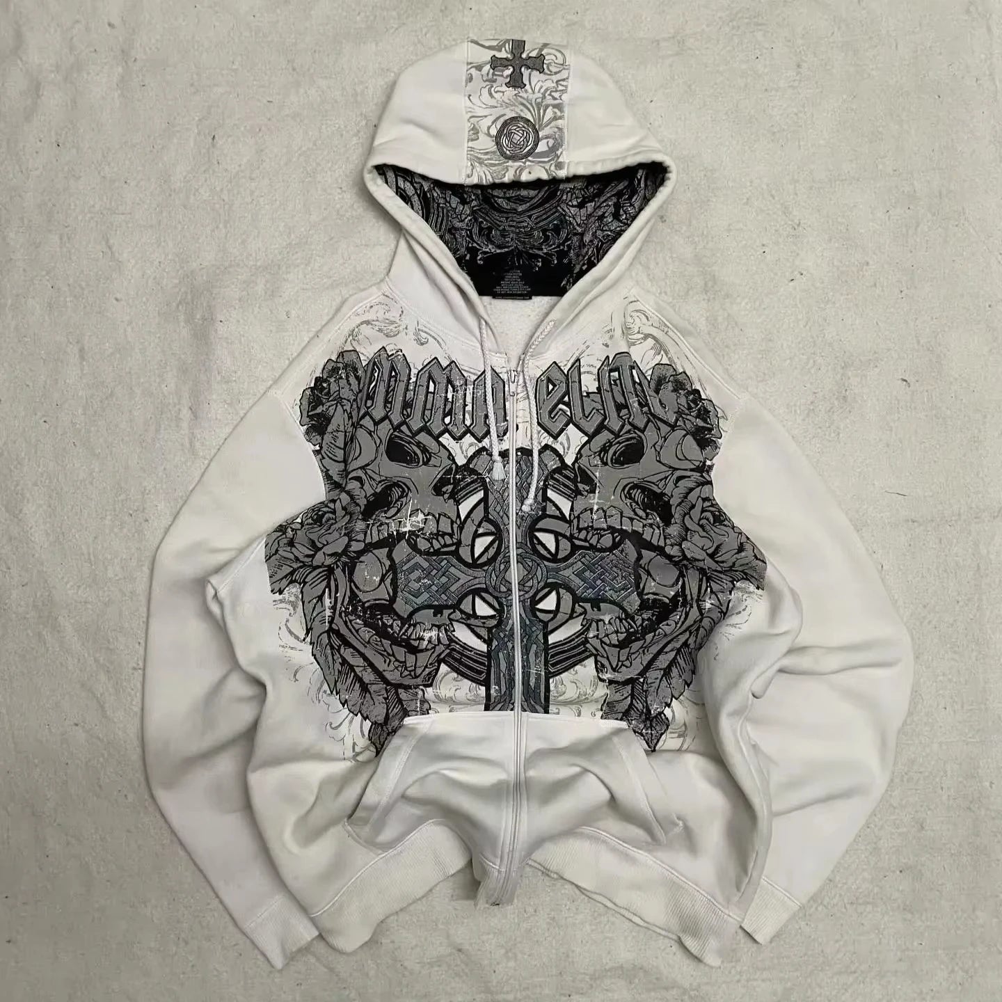 Y2K Harajuku New Fashion Skull Embroidery Plus Velvet Padded Casual Joker Vintage Popular Hip Hop Couples Fur Collar Coat Tops